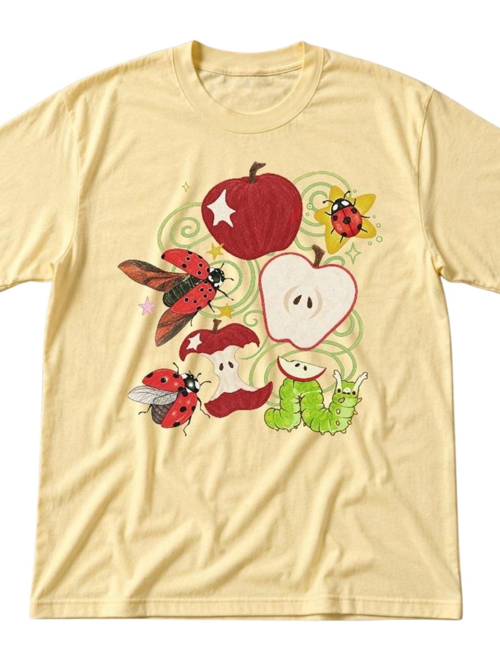 Gildan Yellow Tee with Red Apple & Ladybug Graphic, Gift For Her, For Him